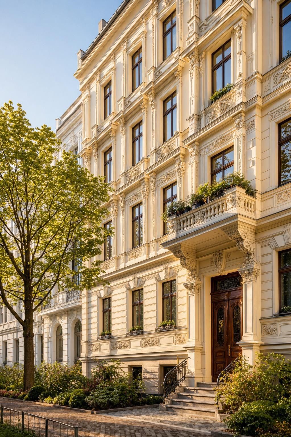 Restaurierte Gründerzeitfassade eines Wohnhauses im warmen Morgenlicht